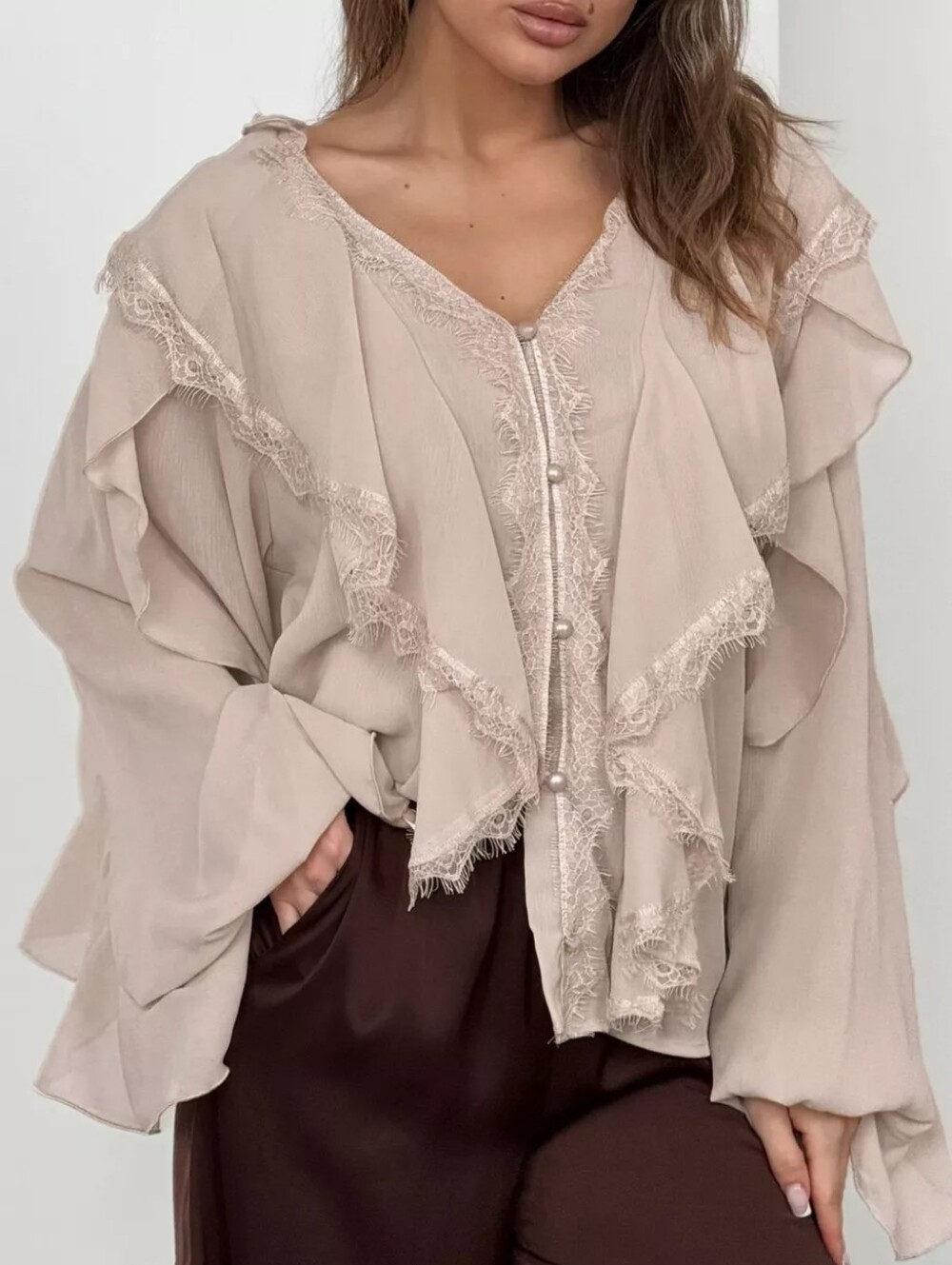 V-Neck Ruffled Lace Trim Blouse - Picture 2 of 6